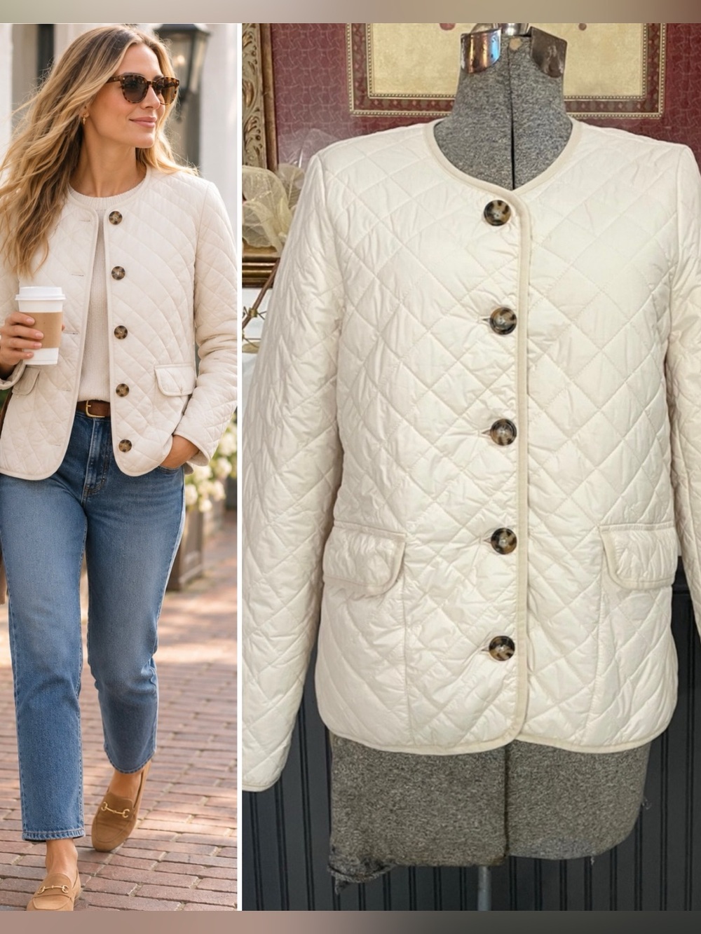J.Crew Signature Puffer Lady Jacket Dusty Ivory Quilted PrimaLoft Sz 6 🧡🎀